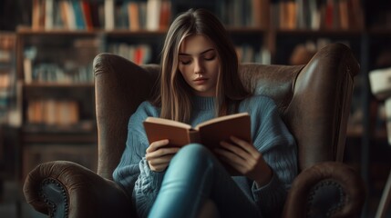 A young lady in a cozy library sits in an armchair, reading a book with a tired expression. She slowly drifts into sleep, lost in dreams and imagination