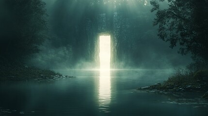 A hidden portal in the middle of a serene lake, glowing with ethereal light