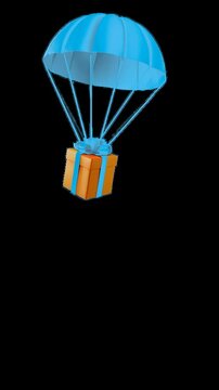 Animation of a falling gift in a package on a blue parachute, alpha channel