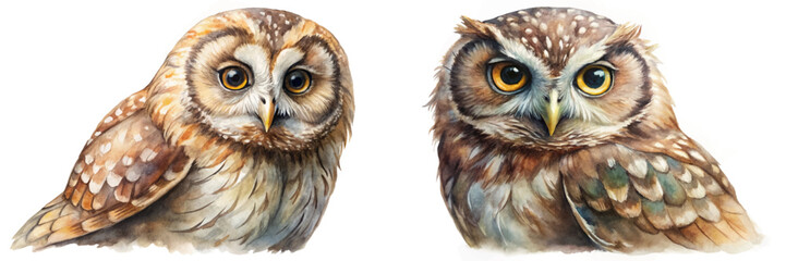 Realistic owl illustrations, watercolor style, vibrant colors, wildlife art, nature themes, educational purposes.