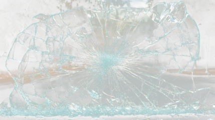 a broken windshield with a tree in the background