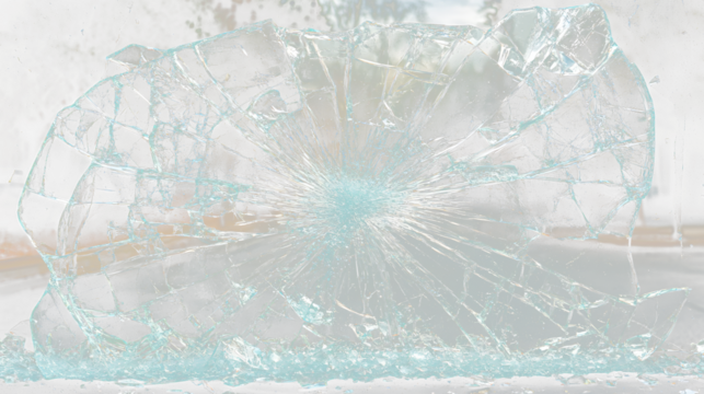 a broken windshield with a tree in the background