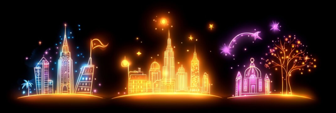 Silueta vectorial de un paisaje urbano iluminado de noche con edificios vibrantes y &aacute;rboles decorativos