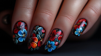 Close-up of fingernails with intricate floral nail art, showcasing colorful flowers on a dark background. Ideal for beauty blogs, nail art websites, and articles on manicure and design.