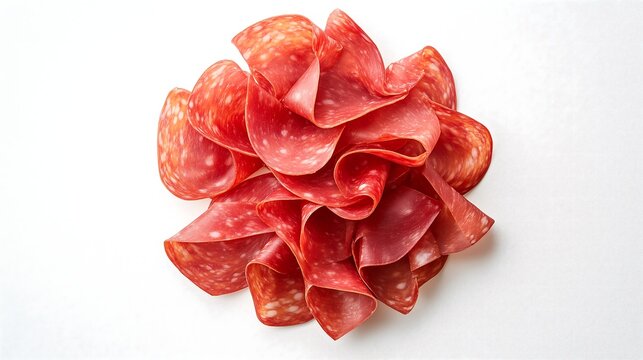 A pile of thinly sliced salami, arranged in a circular pattern, top down view, plain white background 