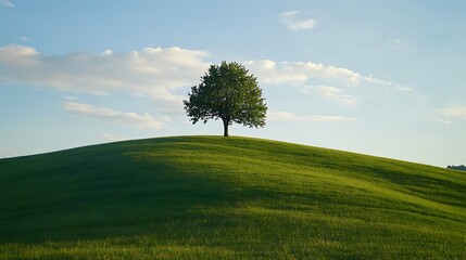 Obraz premium A solitary green tree stands upon a grassy hill
