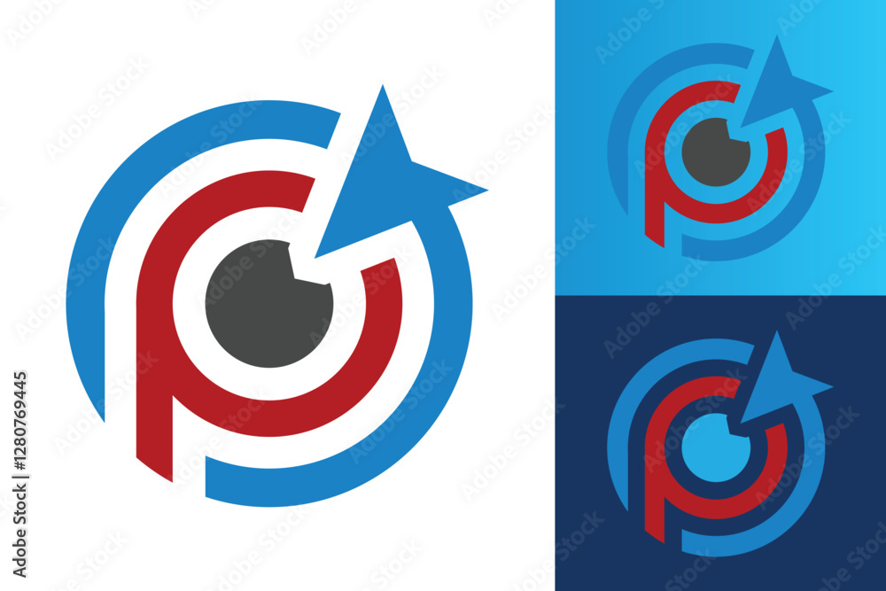 Poster the image shows a flat monogram logo design of an initial letter op in red and blue with a blue arro