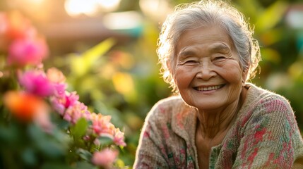 Smiling elderly woman in a sunlit garden warm and cheerful atmosphere