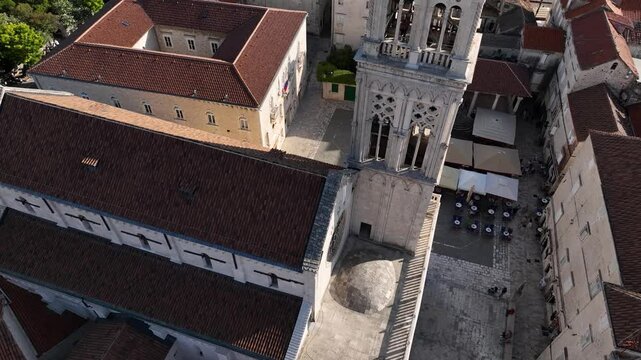 Low drone flight over the Trogir Cathedral in Croatia.