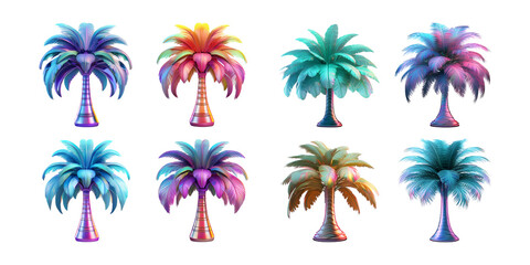 Colorful Digital Palm Trees in Various Styles and Vibrant Shades, holographic of Iridescent Kawaii 3D, Isolated on Transparent background