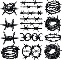Trendy Minimal Barbed wire Set Collection In Geometric Silhouette vector Style, Silhouette Style