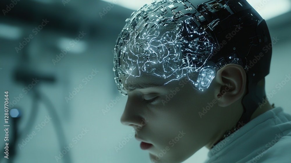 Poster microchip, designed to interface directly with brain signals, offering enhanced cognition and real-t