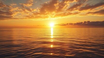 Obraz premium Serene sunrise over the ocean with golden hues reflecting on the water peaceful atmosphere