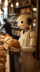 A female robot is making bread in the kitchen. bekery shop