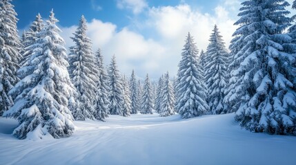 Fototapeta premium Snowcovered forest with tall pine trees winter wonderland scenery