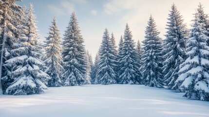 Fototapeta premium Snowcovered forest with tall pine trees winter wonderland scenery