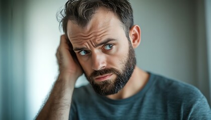 Concerned man touching his head, thoughtful expression, neutral background.  Possible use for self-improvement articles