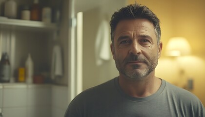 Man in pajamas, thoughtful expression, home interior, use for a mental health campaign or portrait