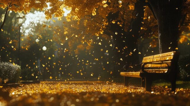 Golden autumn leaves falling in a peaceful park warm and cozy ambiance