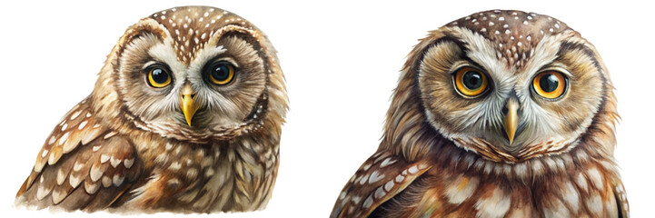 Realistic owl portraits, detailed feathers, expressive eyes, wildlife illustration, nature art, animal behavior, artistic rendering.