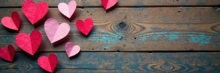 Fototapeta premium Tiny paper hearts scattered on rustic wood, overhead shot, pattern, pretty