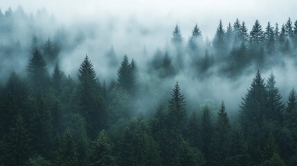 Dense fog rolling through a forest of evergreen trees mysterious and tranquil mood