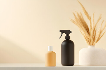 Home household disinfection anti epidemic protection safety disinfection empty bottle background, world health day concept illustration