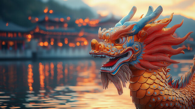 Dragon Boat in a Calm River, Dragon Boat festival, Ai Generated Images.