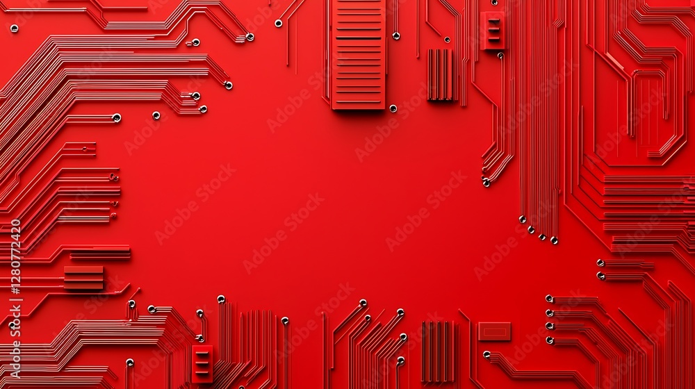 Poster a vibrant red background featuring intricate circuit patterns, conveying a modern and technological 