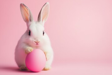 Easter bunny rabbit playing with pink painted egg on pink background. Easter concept, April holiday wallpaper. Copy space.