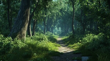 Fototapeta premium Path through a dense green forest with tall trees peaceful nature trail