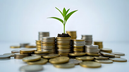 A small tree grows from a pile of coins, symbolizing finance and growth. and the connection between nature and finance.