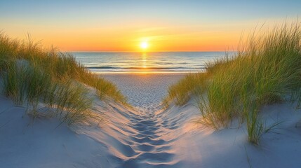 Pathway through sand dunes leading to a calm beach at sunset peaceful coastal scene