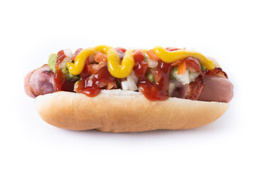 Sonoran hot dog. Traditional Mexican hot dog isolated on white background