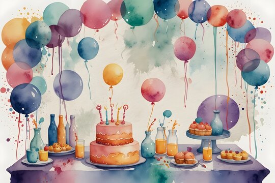 A bubble themed party with decorations and games in watercolor style
