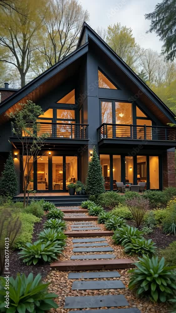 Poster large black house with a walkway leading up to it. the walkway is lined with plants and has a stone 