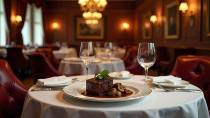 Elegant Dining Experience A Gourmet Beef Filet Mignon with Saut?ed Mushrooms, Served in an Upscale Restaurant Setting