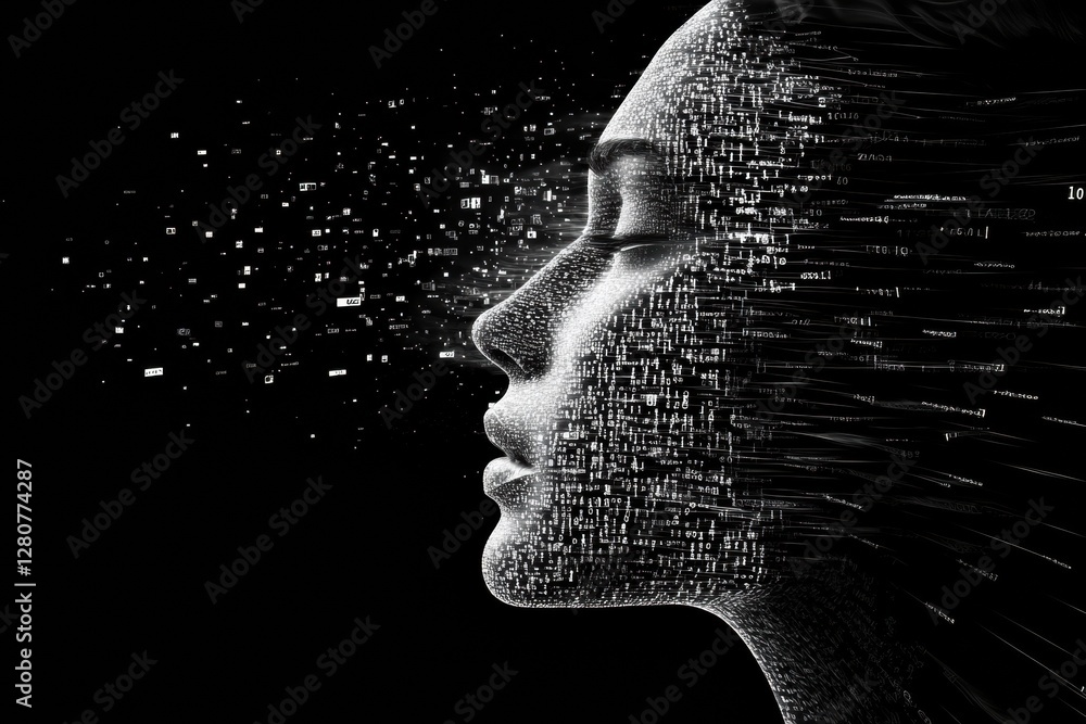 Poster Futuristic AI concept showing a human face dissolving into binary code and data flow for technology exploration. Generative AI