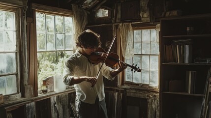 Young man playing violin in rustic shed with sunlight streaming through windows.  Possible use Stock photo for music education or artist portfolio