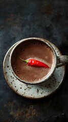 A vibrant red chili pepper floats gracefully in a rich cup of hot chocolate, blending sweet indulgence with bold, spicy contrast.