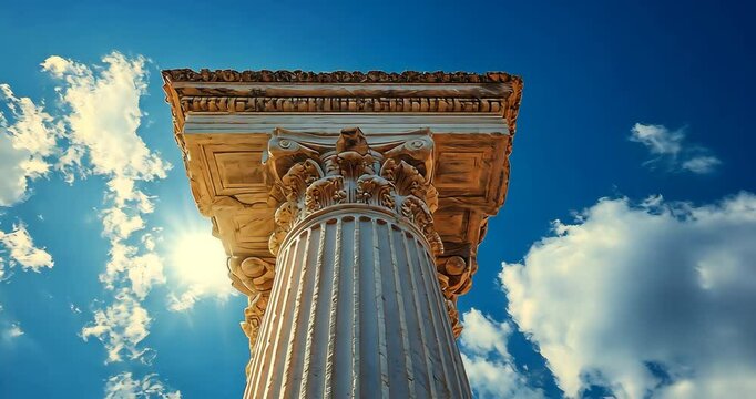 Low angle static shot: An ancient column rises towards a blue sky with white clouds and sunlight.