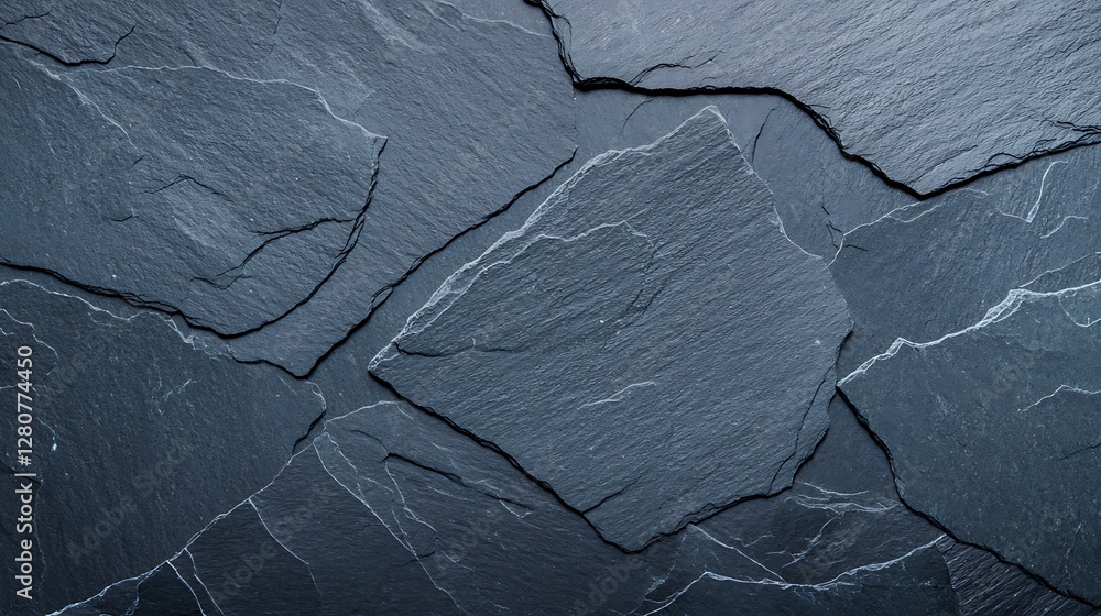 Poster a close-up view of dark slate stone tiles with varied textures and shapes, showcasing natural stone 