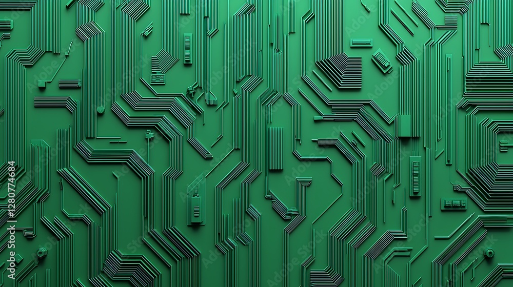 Poster a detailed green circuit board design showcasing intricate pathways and connections, ideal for techn