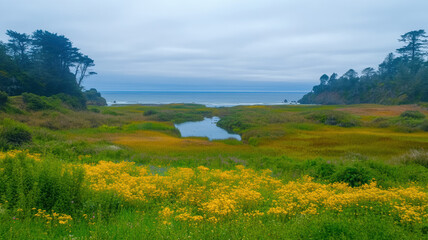 Fototapeta premium Stunningly beautiful natural landscapes, rich with vibrant, fresh colors that bring the scenery to life. The plants are intricately detailed, showcasing the beauty of nature in its most vivid form.