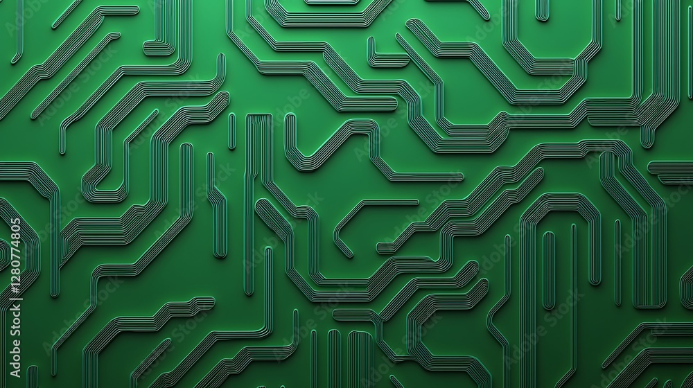 Poster a detailed, abstract pattern of green circuit board traces creating a vibrant digital design.