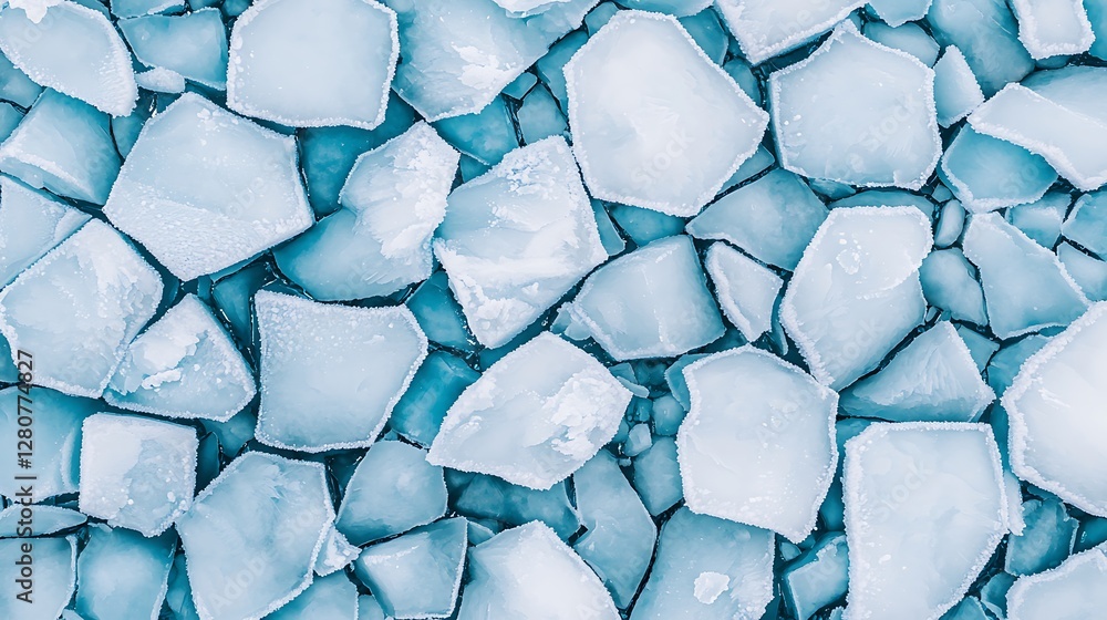 Aufkleber a close-up view of irregularly shaped ice chunks in various shades of blue, creating a textured, fro