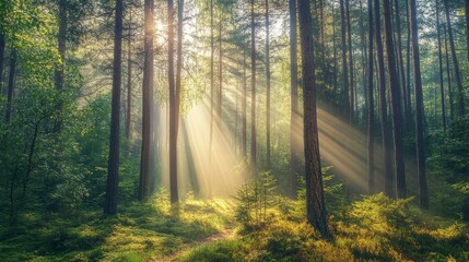 Obraz premium Sunlight streaming through a dense pine forest in the early morning serene nature atmosphere