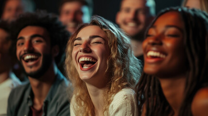 A diverse group of people from various backgrounds, laughing and enjoying a comedy show together, sharing moments of joy and genuine amusement in a lively, fun atmosphere.