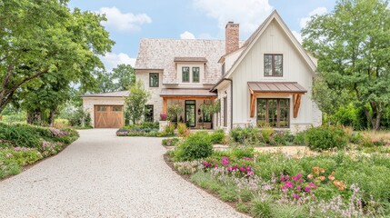 Charming modern home surrounded by lush greenery and colorful flowers.