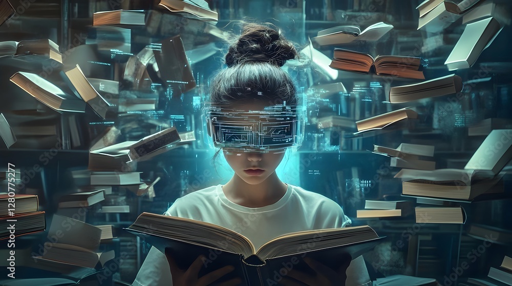 Poster young person immersed in virtual reality while reading in a futuristic library surrounded by floatin